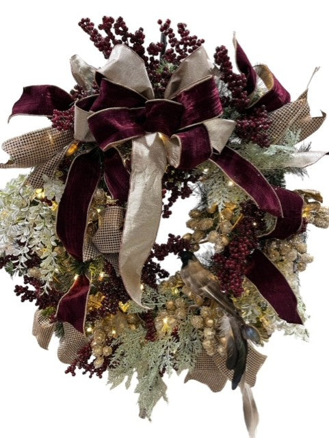 32" Custom Decorated Burgundy Wreath with Bird