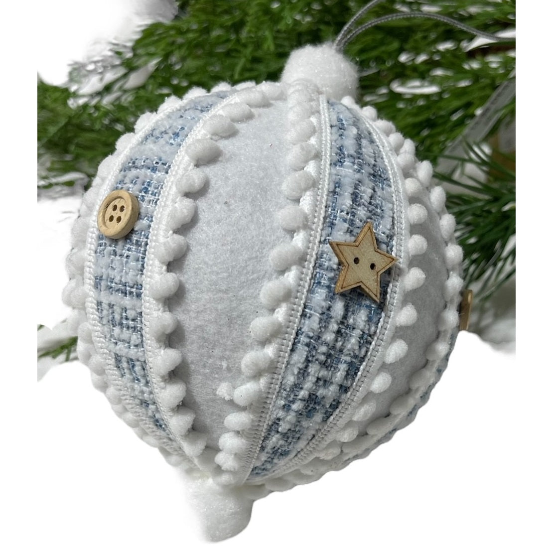 4 Pom-Pom White and Blue Ball Ornament w/Stars & Buttons