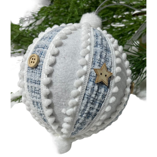 4 Pom-Pom White and Blue Ball Ornament w/Stars & Buttons