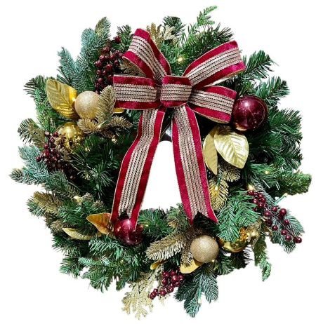 24" Christmas Decorated Wreath Burgundy/Gold With Battery Operated Lights - Newport