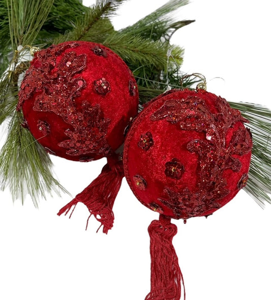 2 - Red w/Red Sequin Ball Ornaments