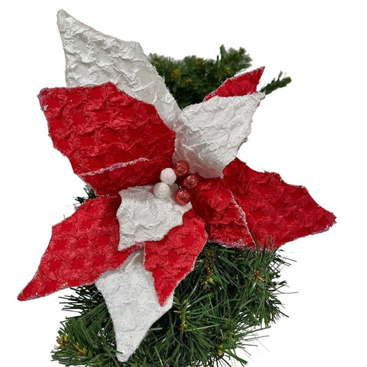 6 Red/White Fabric Textured Poinsettias