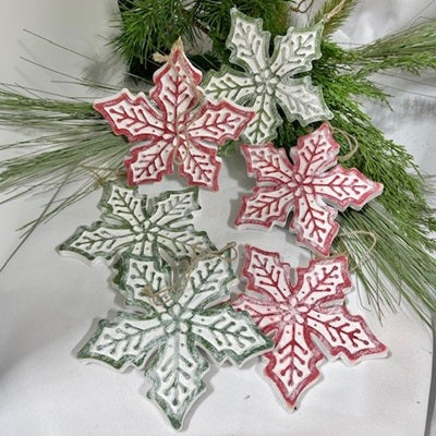 6 - 6" Wood White Washed Snowflake Red and Green