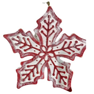 6 - 6" Wood White Washed Snowflake Red and Green