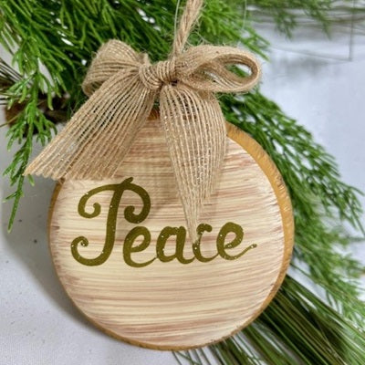 3 Faux Wood Disc Ornaments - Peace & Noel