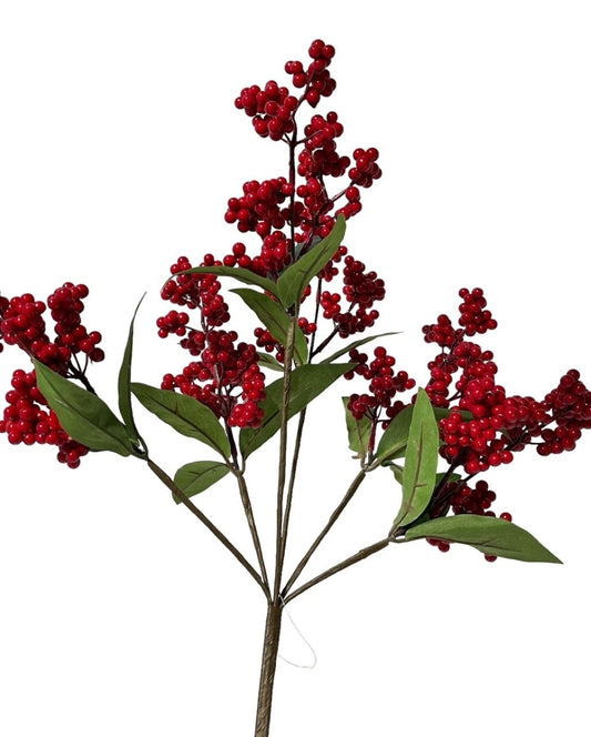 3 Red Shiny Berry Cluster with Green Leaves