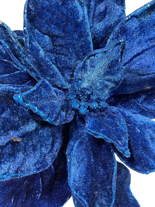 20" Blue Velvet with Glitter Outline Poinsettia