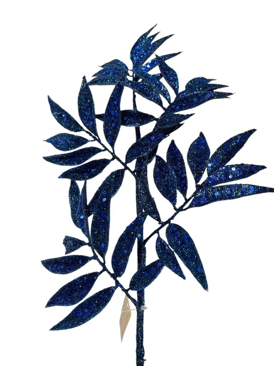 31.5" Midnight Blue Glitter Leaf Spray