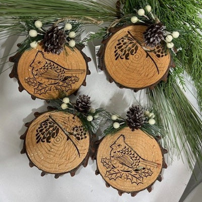 4 - 4" Wood Laser Cut Ornament - Cardinal & Greenery