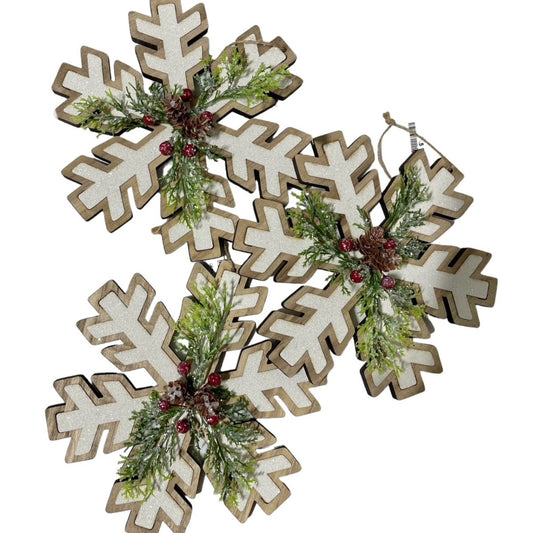 3 Wood Snowflakes with Faux Greens,Berries & Pinecones
