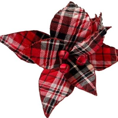 Bundle of 6: Red/Black Plaid Poinsettia w/Matte Red Jinglebells
